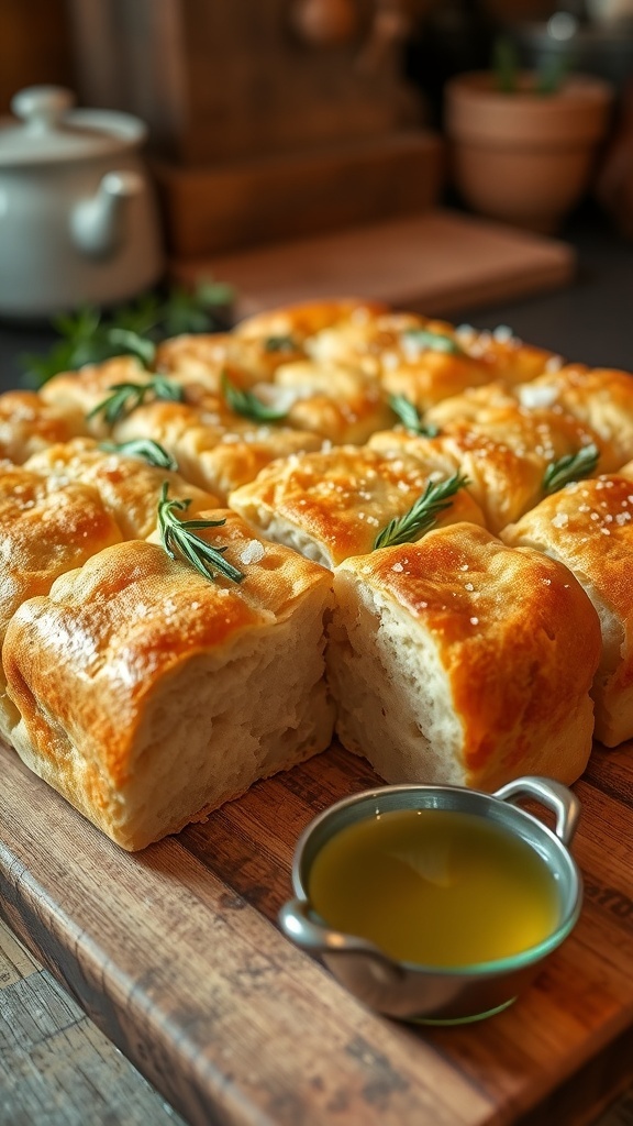 Golden brown focaccia bread topped with rosemary and sea salt, served on a wooden board with olive oil.